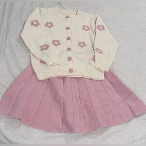Cream and Pink Floral Cardigan with Pleated Skirt